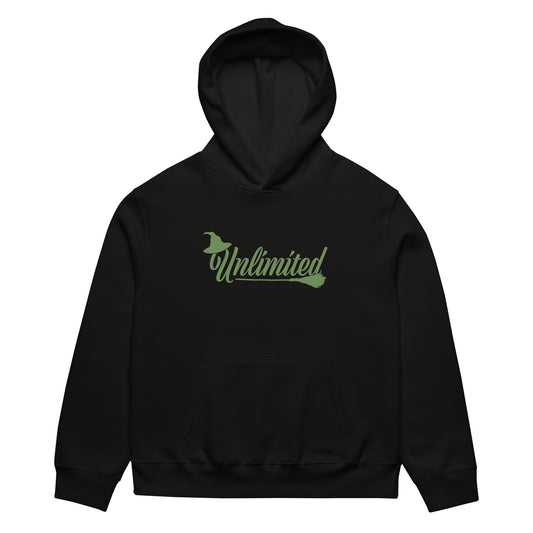 Theatre Kid Unlimited oversized heavyweight hoodie black front view with green graphic