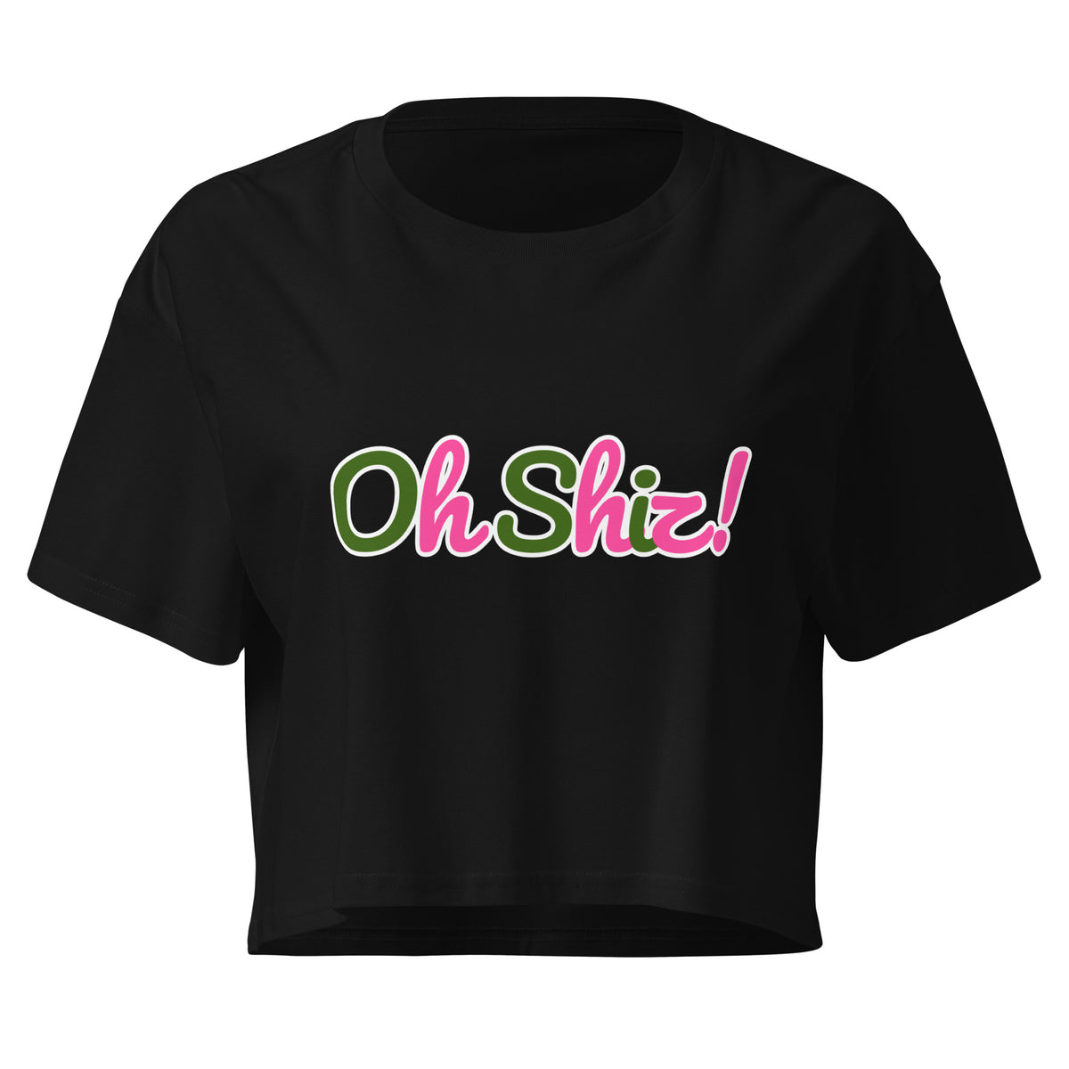 Theatre Kid Oh Shiz women's black crop top front view with graphic design