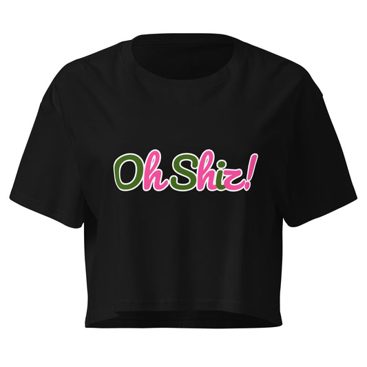 Theatre Kid Oh Shiz women's black crop top front view with graphic design
