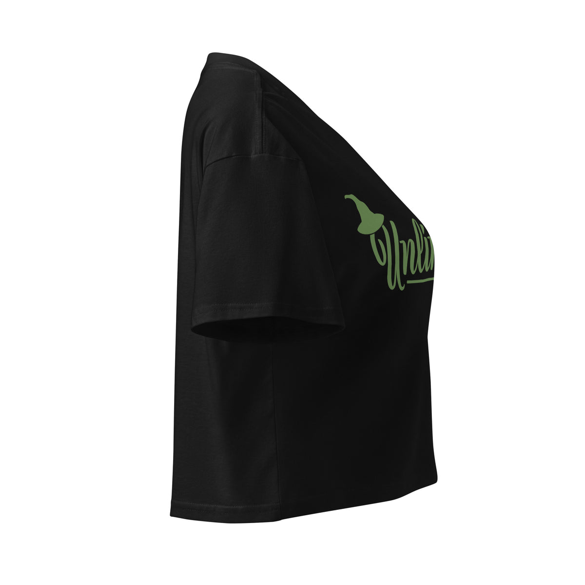 Black women’s crop top side profile with graphic